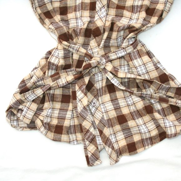 🍁CARAMEL PLAID BUTTON DOWN SHIRT SOFT FLANNEL LADIES JUNIORS XL TOP WAIST TIE - Picture 3 of 13